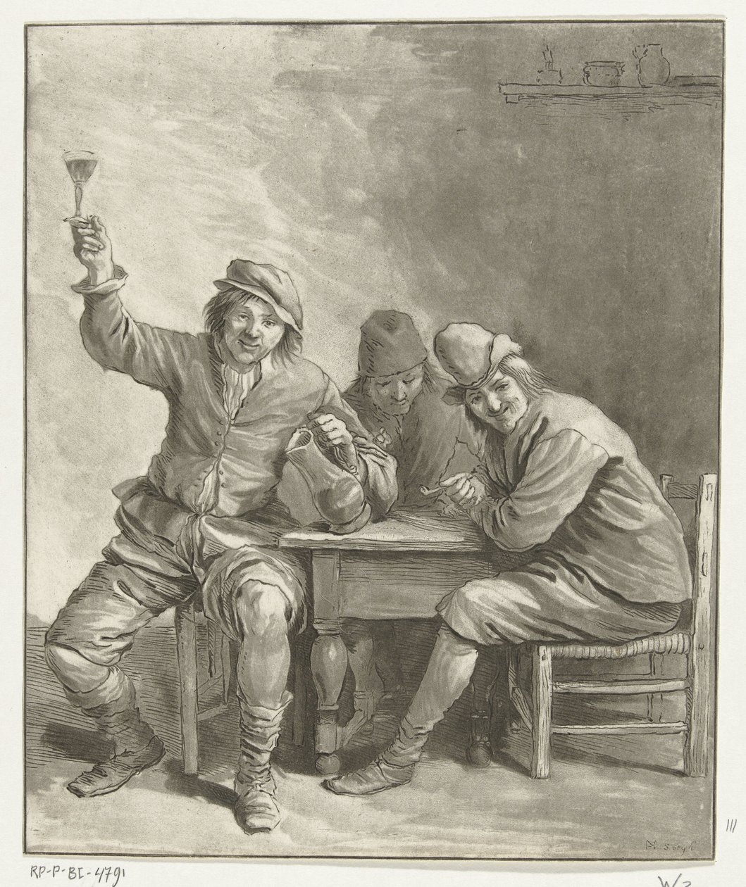 Drie mannen aan tafel roken en drinken door Leendert Brasser (signed by artist)