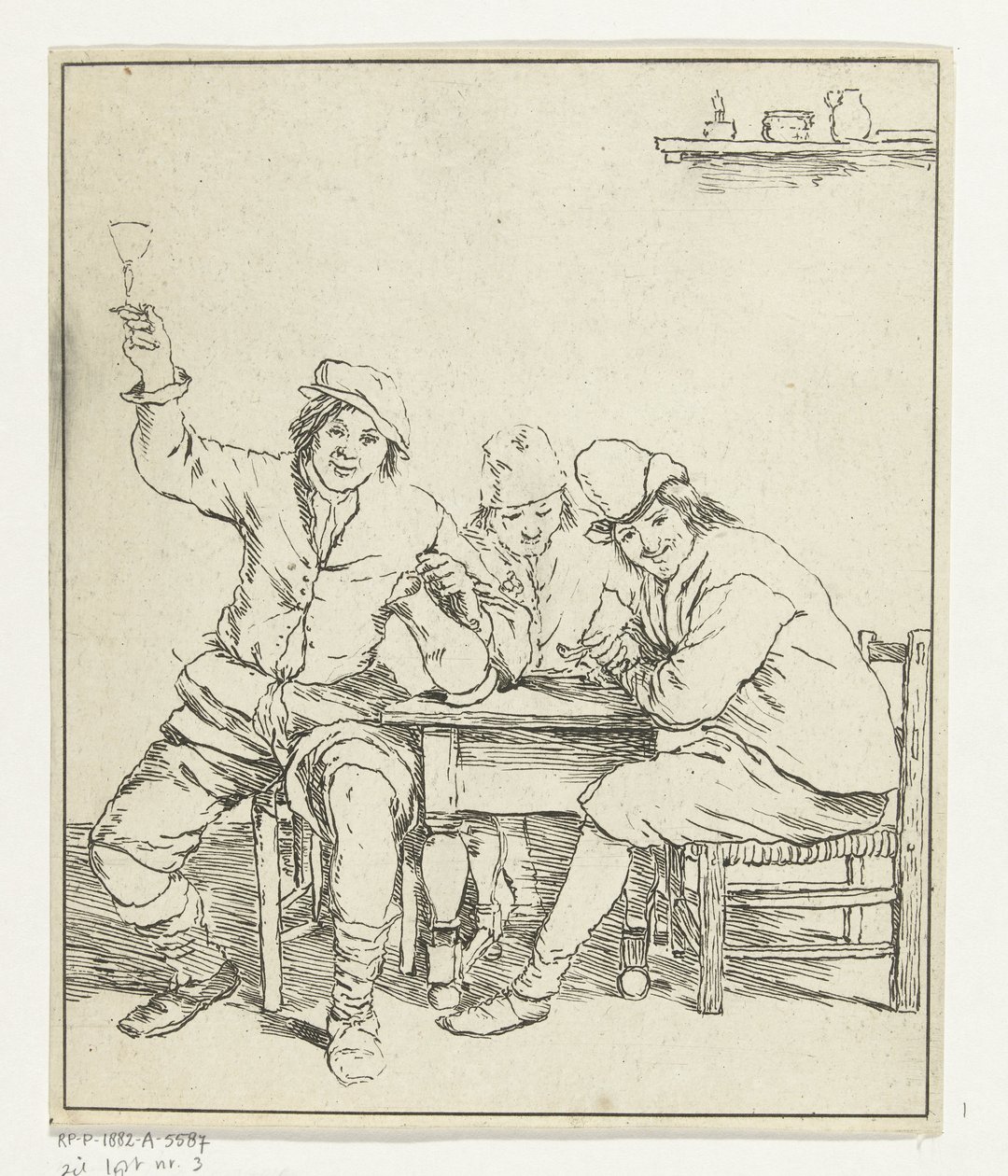 Drie mannen aan tafel roken en drinken door Leendert Brasser