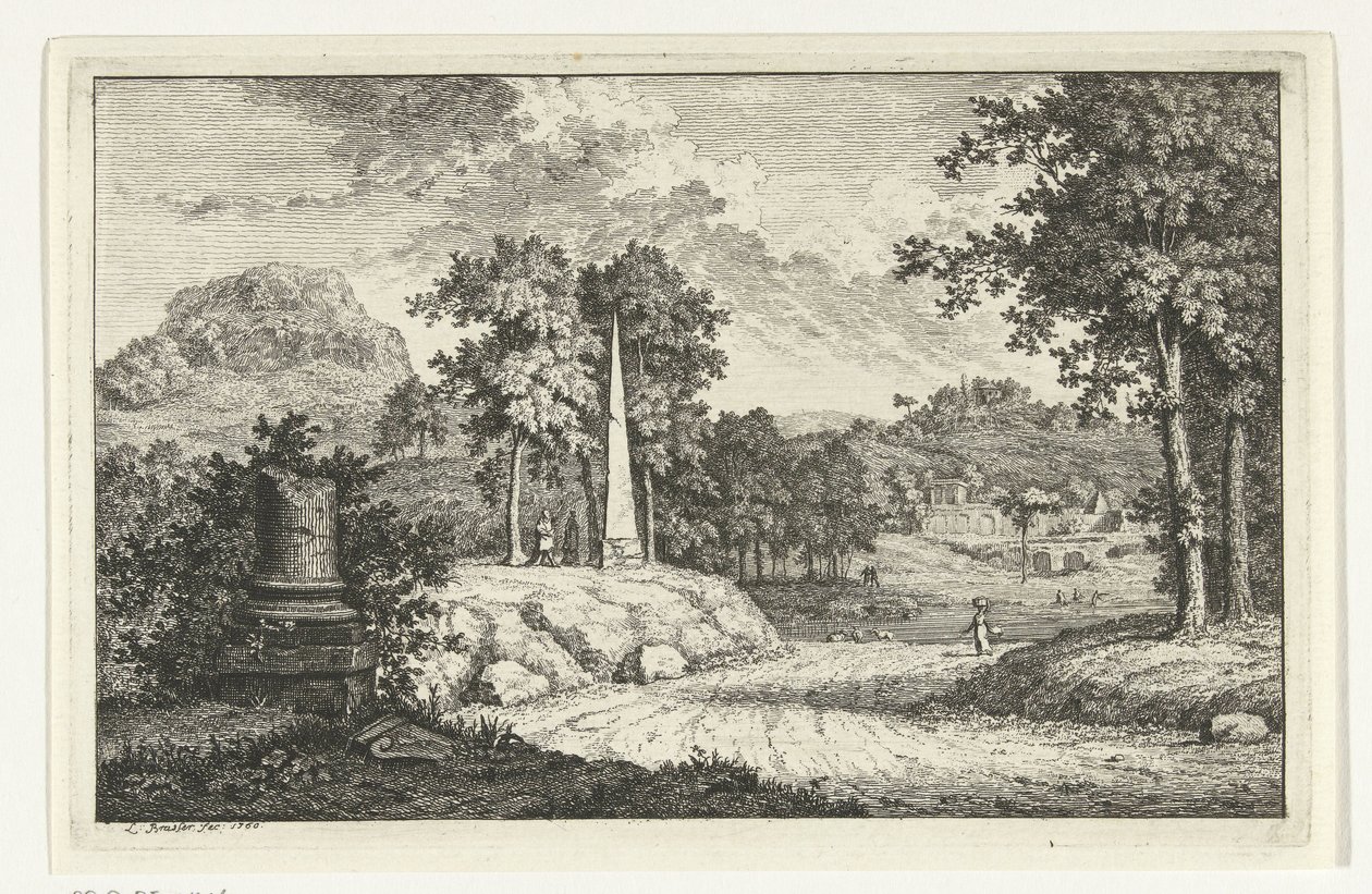 Heuvelachtig landschap met obelisk langs de weg door Leendert Brasser
