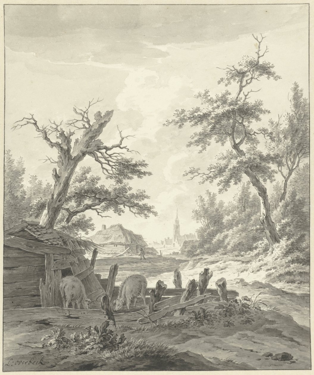 Landschap met op de voorgrond een varkenskot door Leendert Overbeek