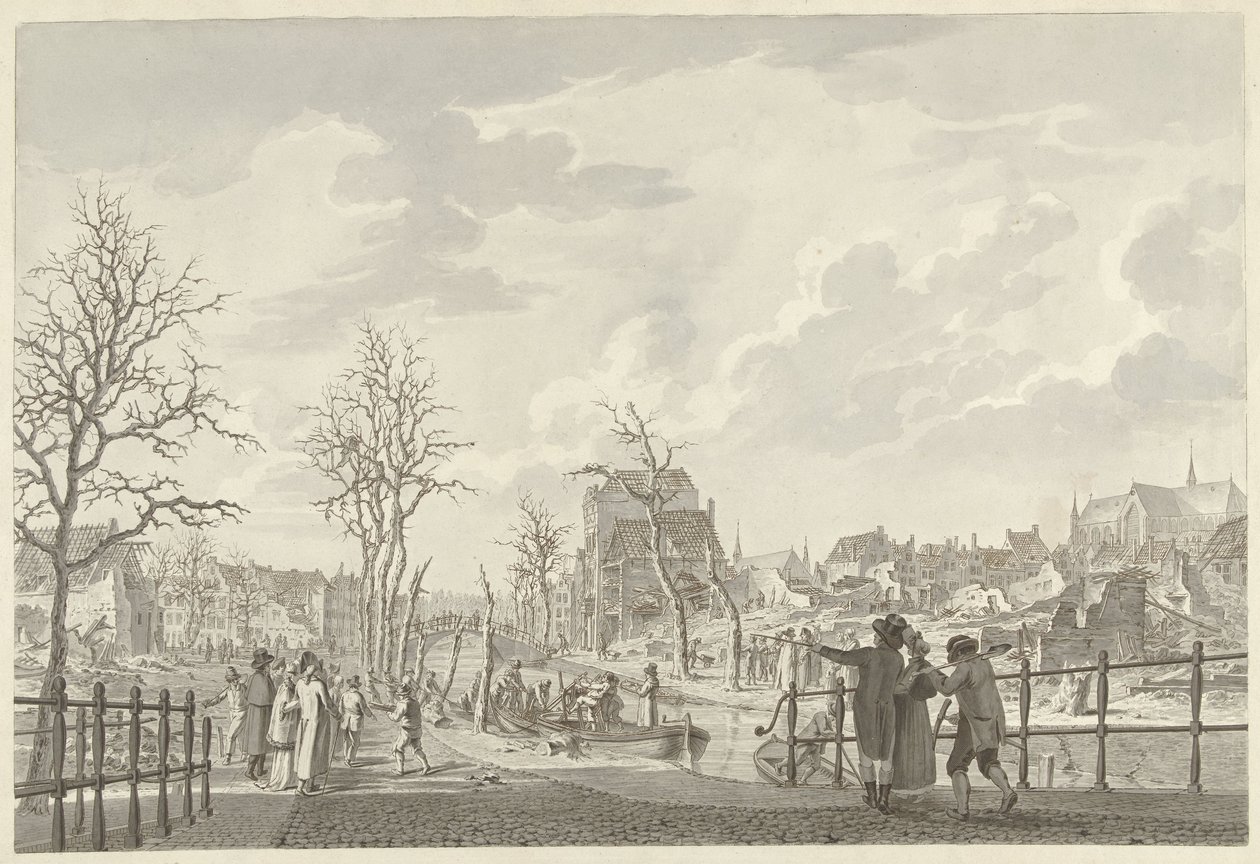 Ruïnen op het Rapenburg te Leiden, na de Buskruitramp van 12 januari 1807 door Leendert Overbeek