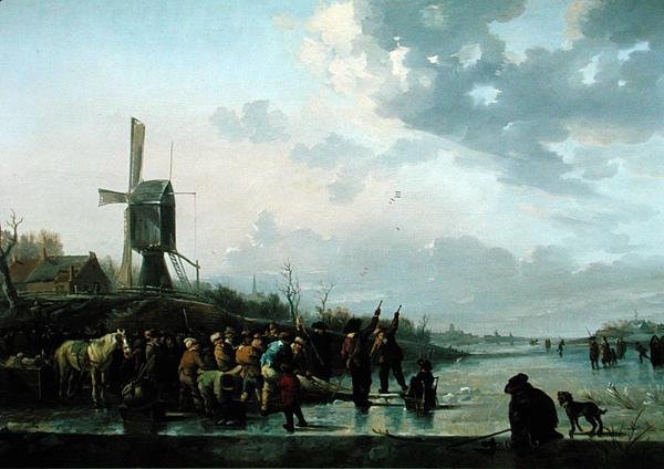Winterscène, bevroren rivier met schaatsers door Leendert de Koningh