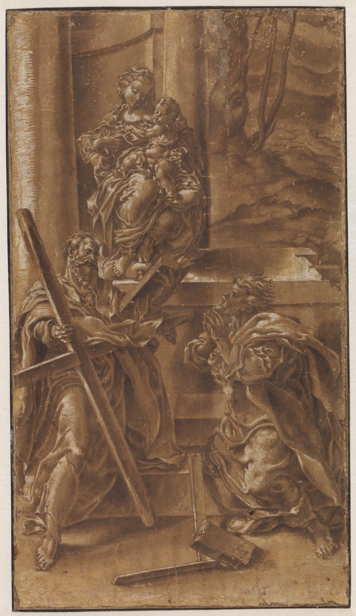 Madonna met kind en apostel Andreas (links) en de heilige Judas (rechts) door Lelio Orsi