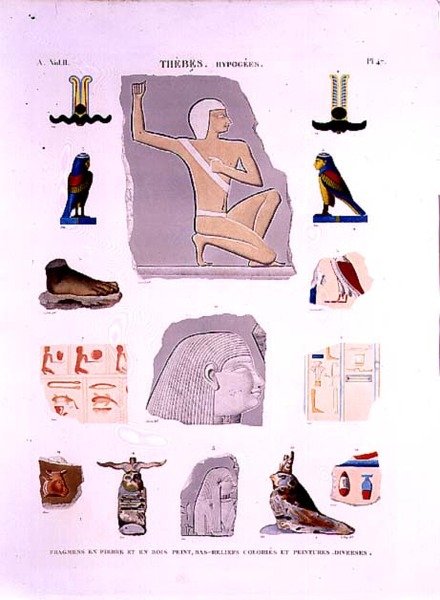 Illustraties van geschilderde reliëfs op stenen en houten fragmenten Hypogees, Thebe, plaat 47 uit Vol II van 