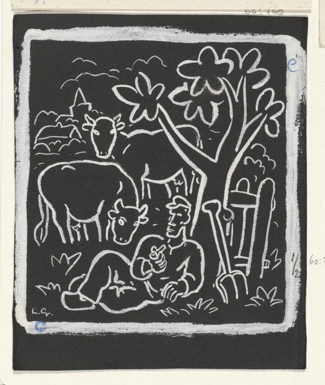 Boer rustend onder een boom in een weiland met koeien door Leo Gestel (signed by artist)