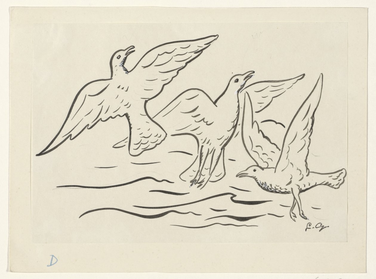 Drie vogels in de lucht boven zee door Leo Gestel (signed by artist)