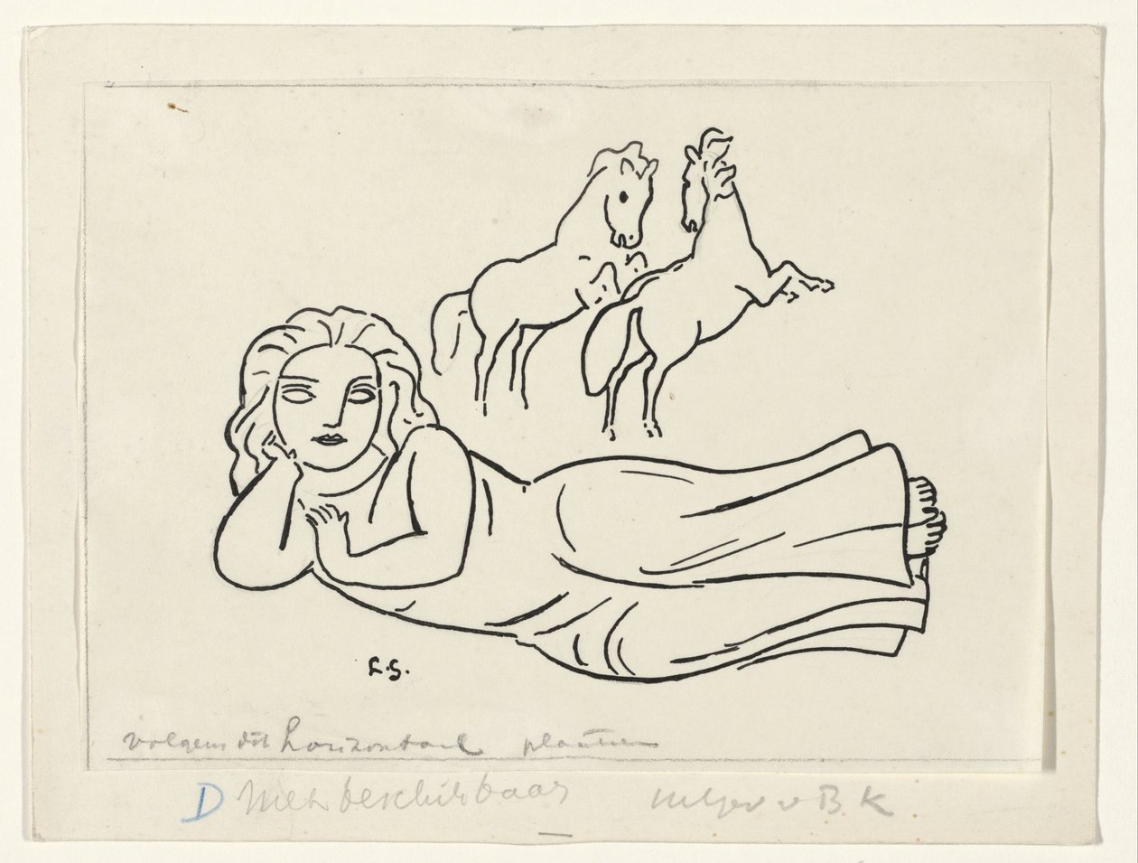 Liggende vrouw met twee paarden door Leo Gestel (signed by artist)