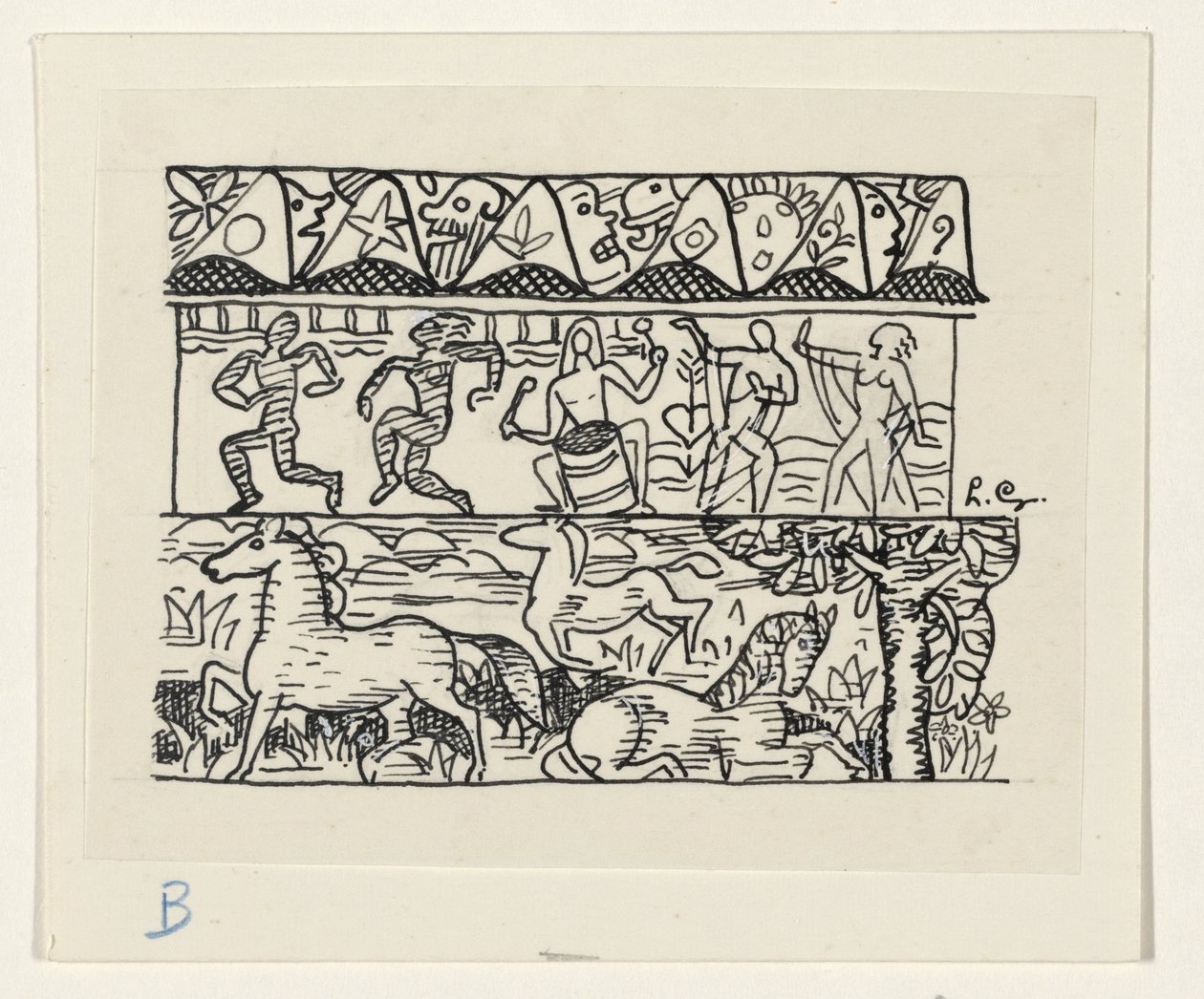 Paarden, dansende mensen en maskers door Leo Gestel (signed by artist)