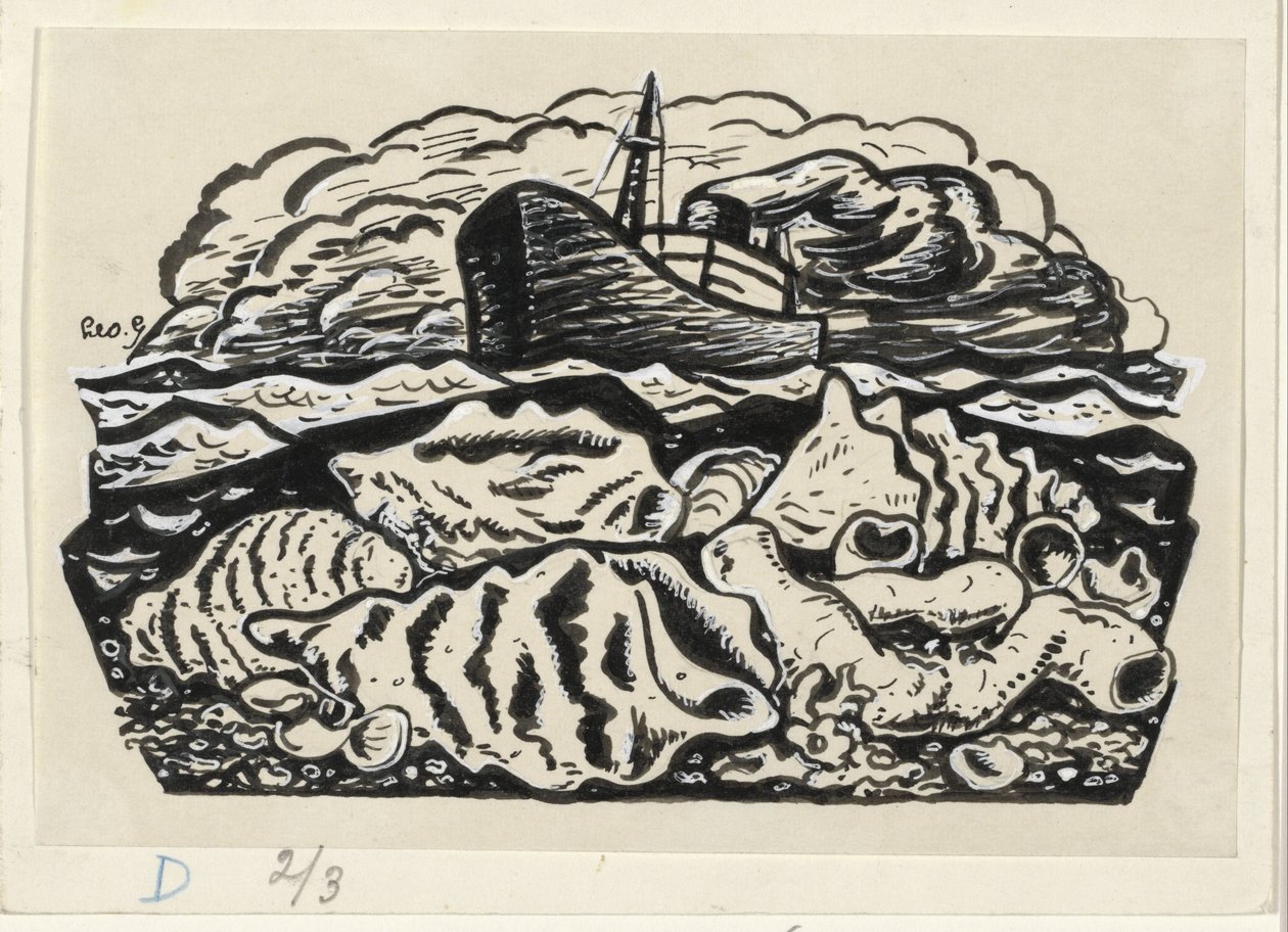 Stoomschip op zee met schelpen op het strand door Leo Gestel (signed by artist)