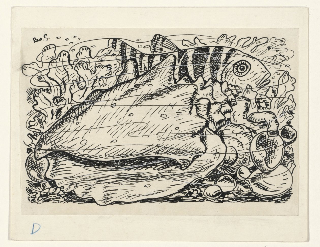 Vis en schelp in het water door Leo Gestel (signed by artist)