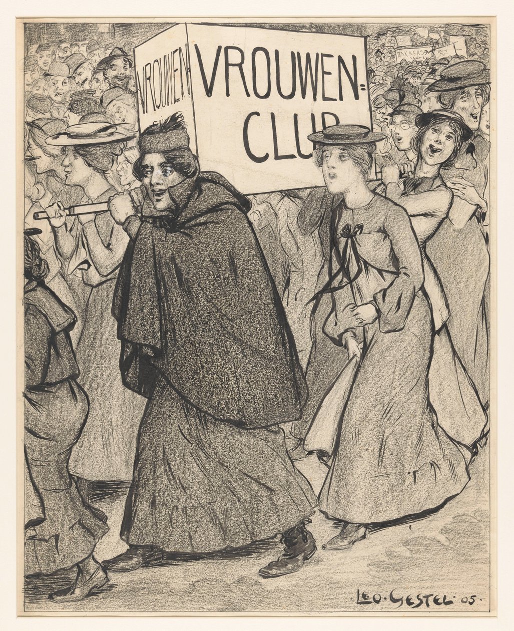 Vrouwen in een optocht van een vrouwenclub door Leo Gestel (signed by artist)
