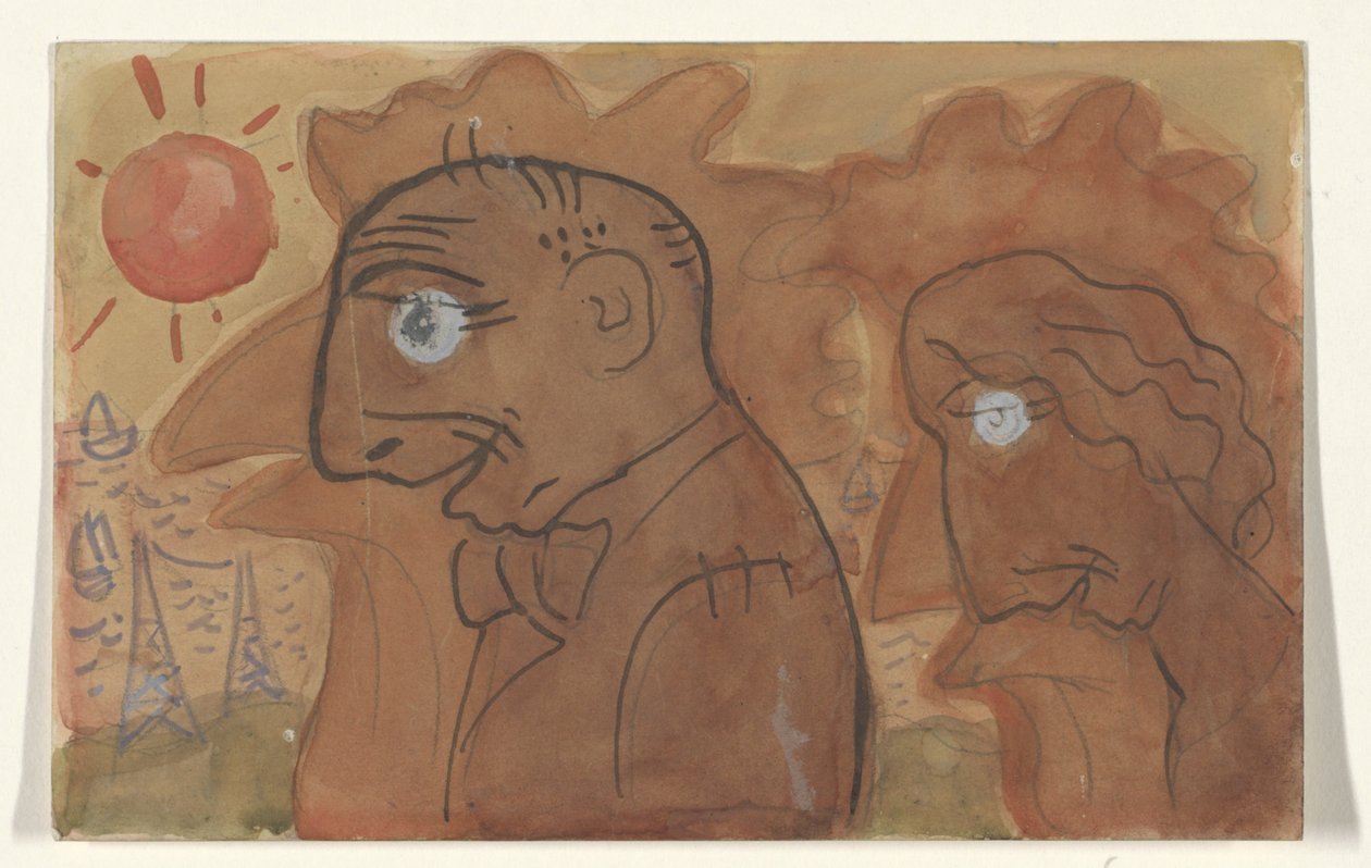 Karikatuur van Leo Gestel en zijn vrouw door Leo Gestel