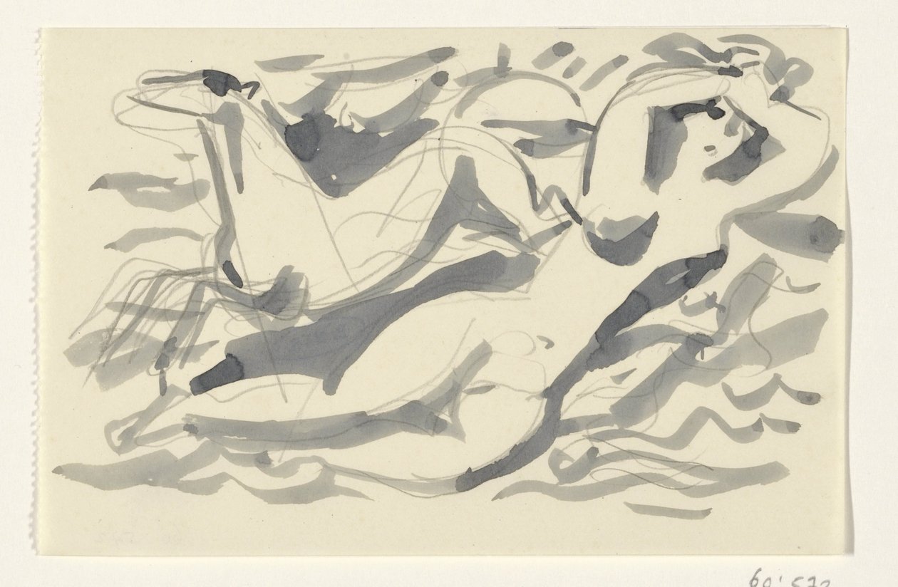 Naakte vrouw en paard in de zee door Leo Gestel