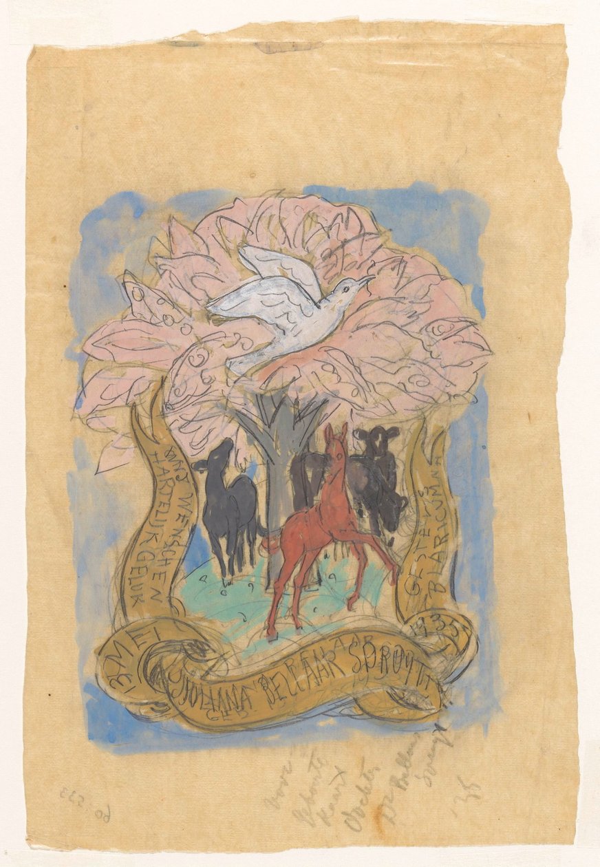 Ontwerptekening voor een gelukwens bij de geboorte van Juliana Bellaar Spruyt door Leo Gestel
