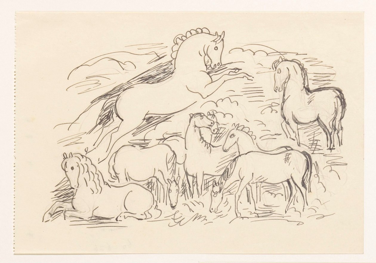 Studieblad met acht paarden door Leo Gestel