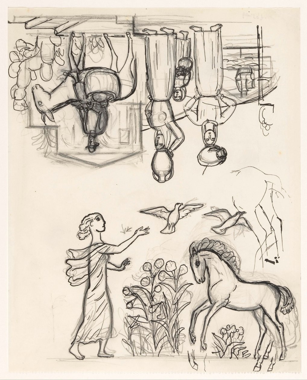 Studieblad met twee vrouwen met kruiken op het hoofd, een man op een ezel en een vrouw die vogels loslaat bij een veulen door Leo Gestel