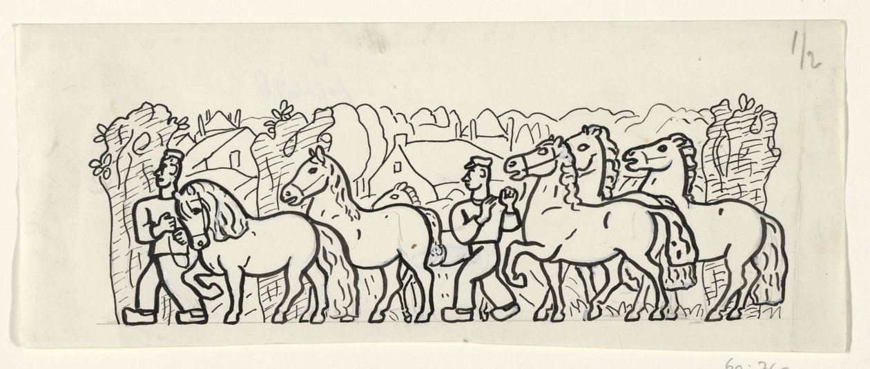 Twee boeren leiden hun paarden door een dorp door Leo Gestel