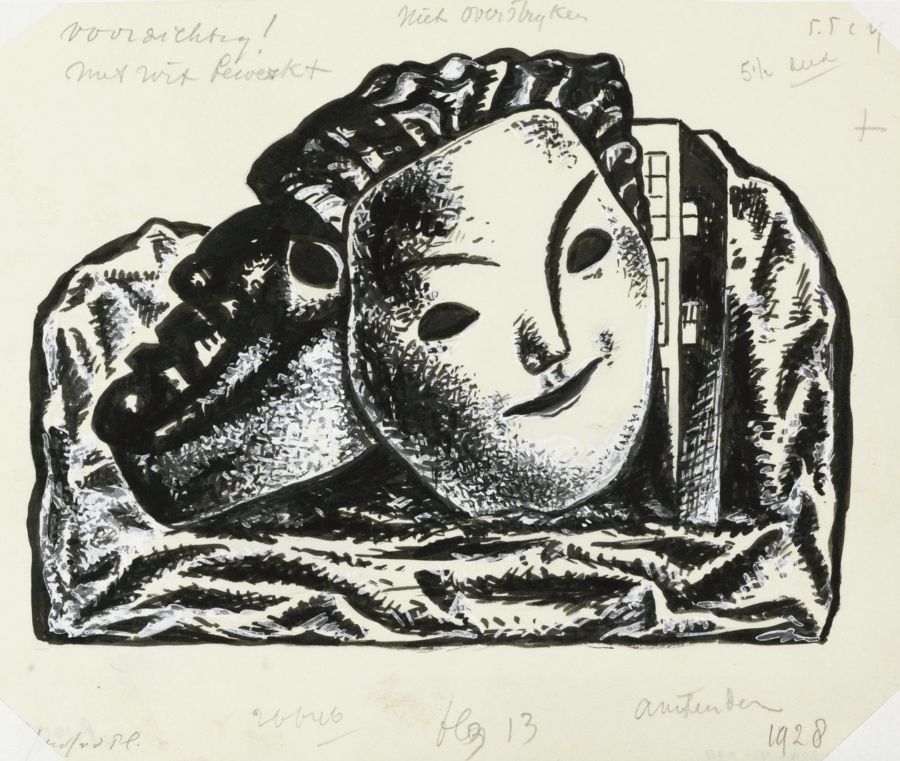 Twee maskers voor gebouw en rotsen (schets) door Leo Gestel