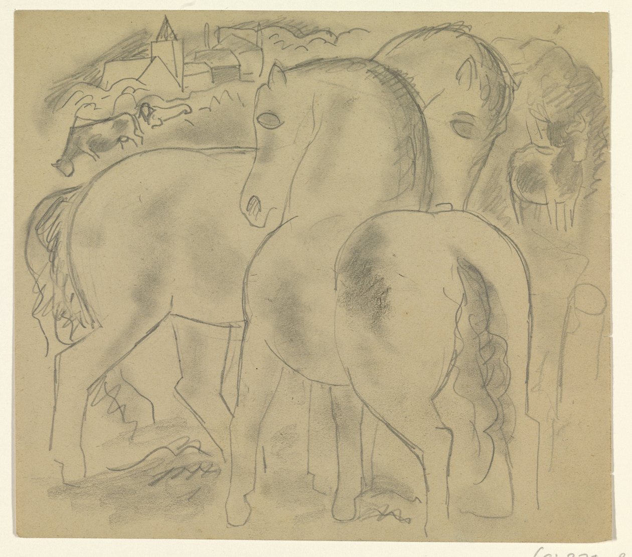 Twee paarden in een landschap met koeien door Leo Gestel