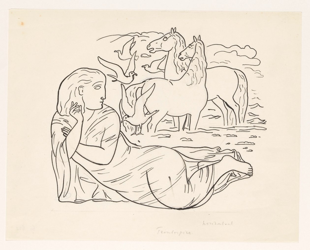 Vrouw liggend aan het strand met twee paarden en enkele zeemeeuwen door Leo Gestel