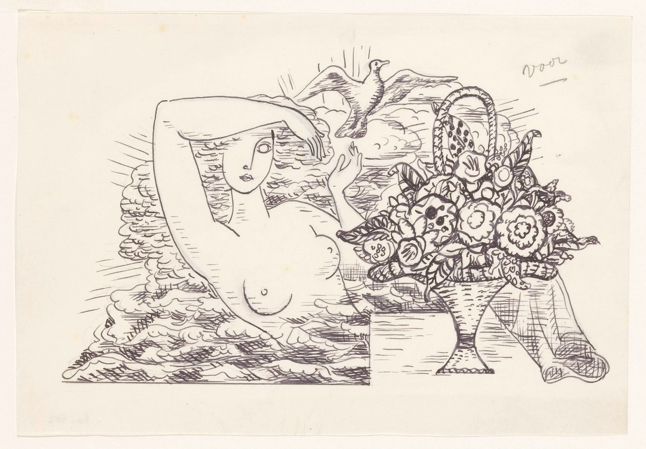 Vrouwelijk naakt in de golven die een vogel los laat, op de voorgrond een mand met bloemen door Leo Gestel