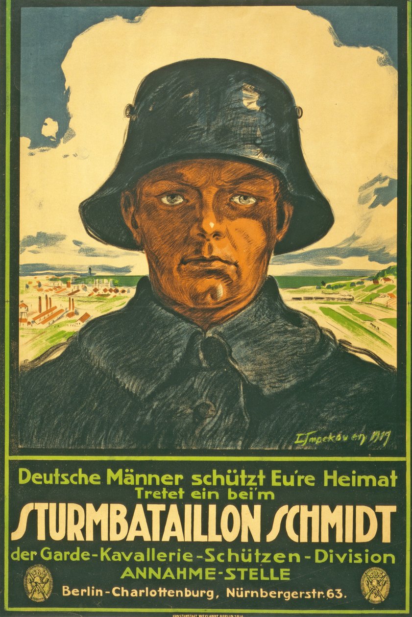 Sturmbataillon Schmidt; Duitse mannen bescherm uw vaderland! Word lid bij ... Pub. Berlijn, 1917 door Leo Impekoven