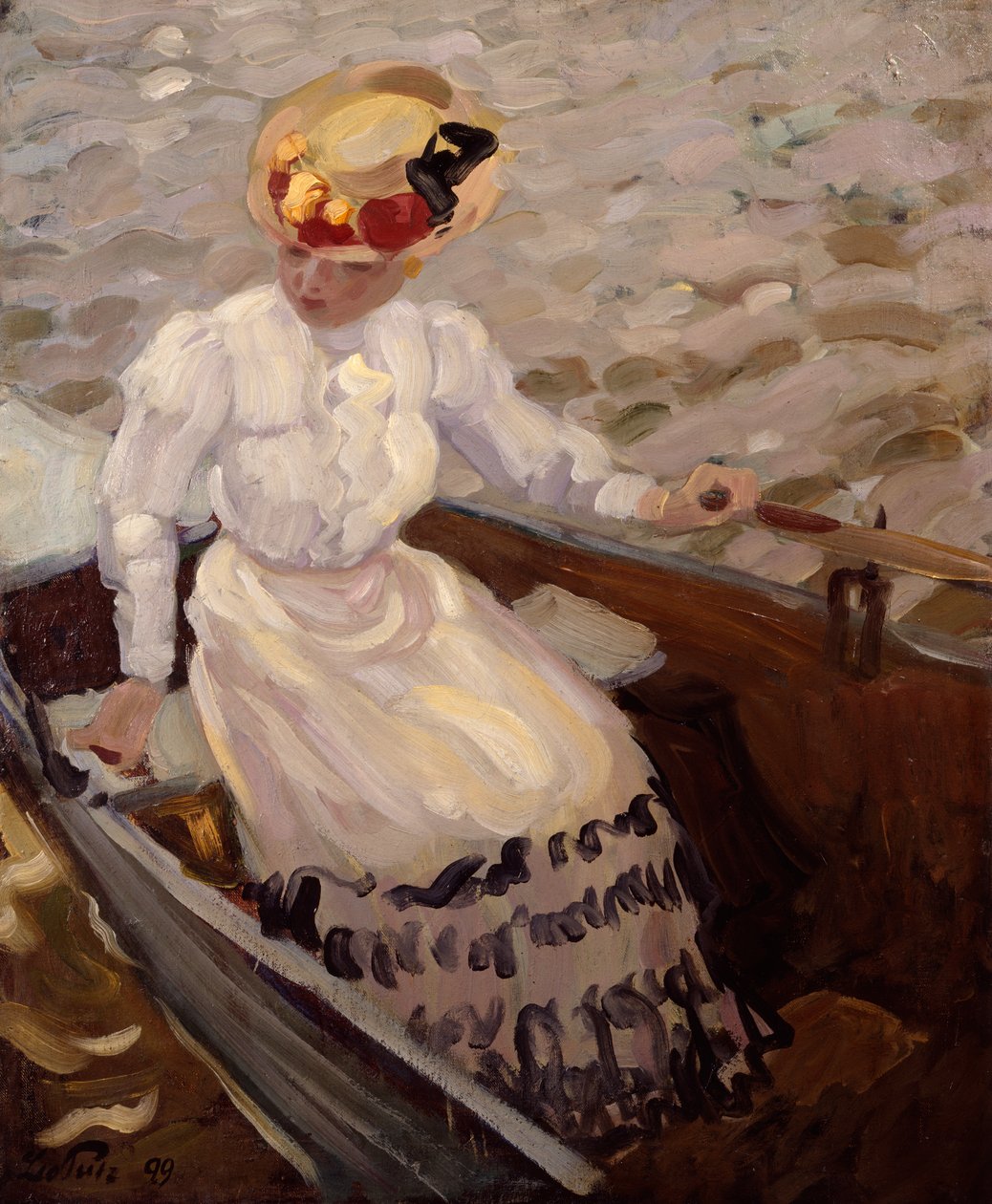Een elegante dame in een roeiboot door Leo Putz