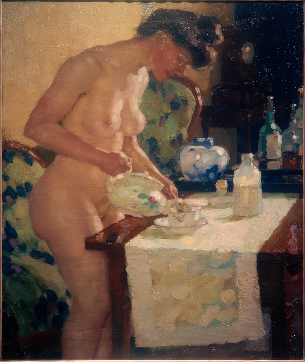 Model aan de theetafel door Leo Putz