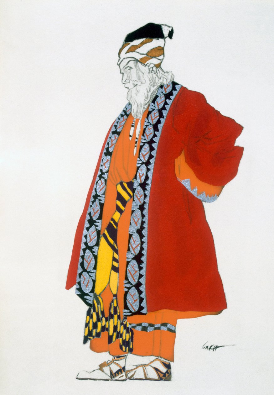 Kostuumontwerp voor een oude man in een rode jas door Leon Bakst