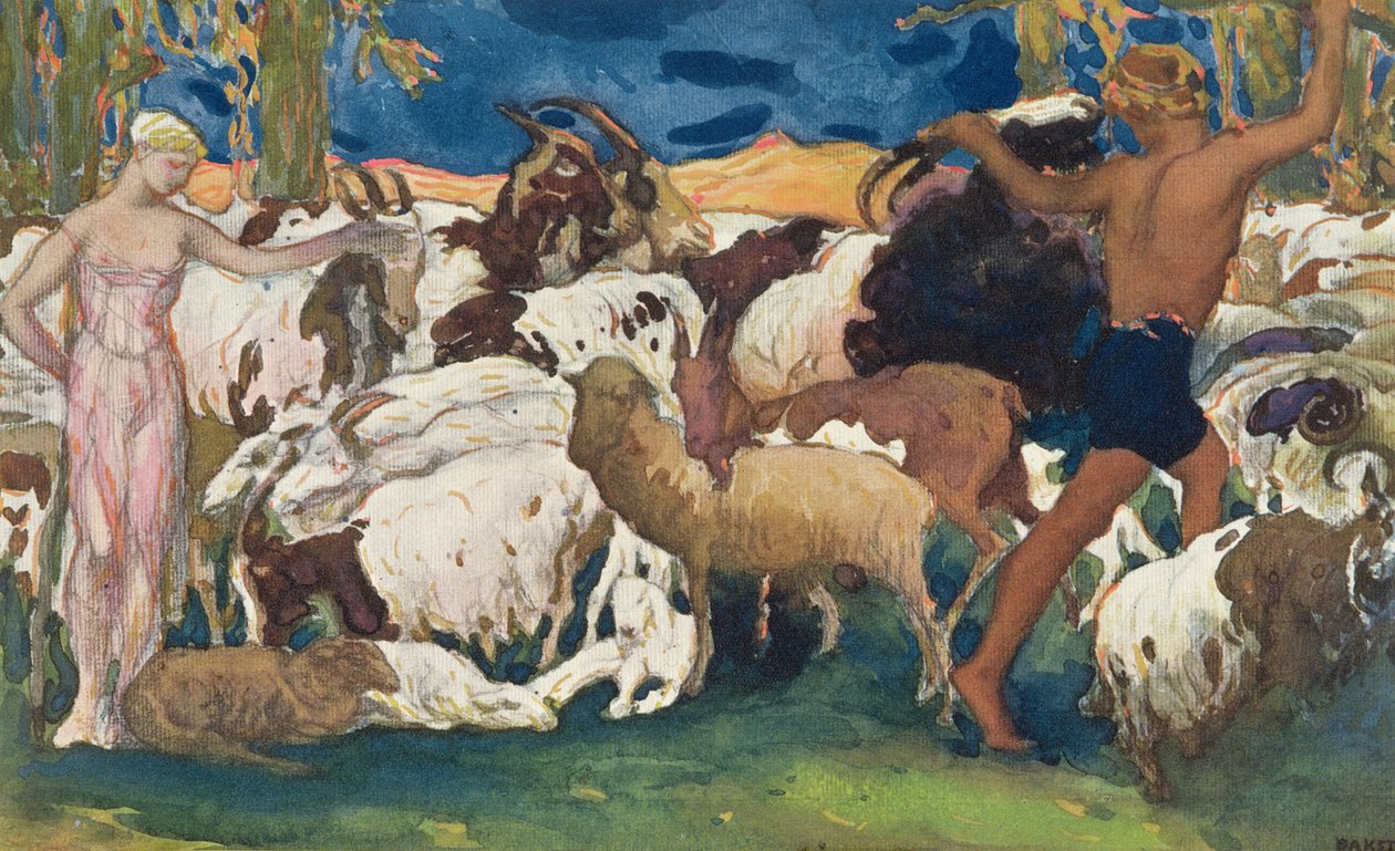 Daphnis en Chloe Wensen Elkaar Welterusten, ontwerp voor een decoratief paneel, uit Daphnis en Chloe, c.1912 door Leon Bakst