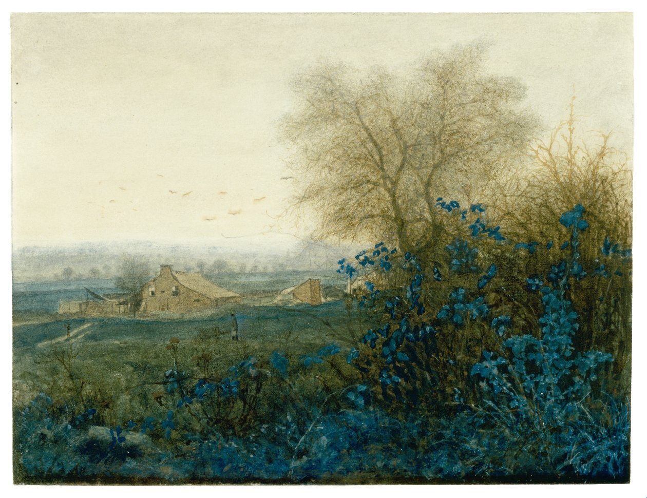 Landschap met een boerderij en een boer met een kruiwagen, 1865 door Léon Bonvin