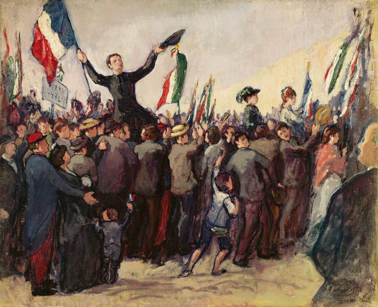 Italiaanse vrijwilligers arriveren in Marseille om zich in te schrijven bij het Franse leger op 4 augustus 1914 door Leon Giran Max