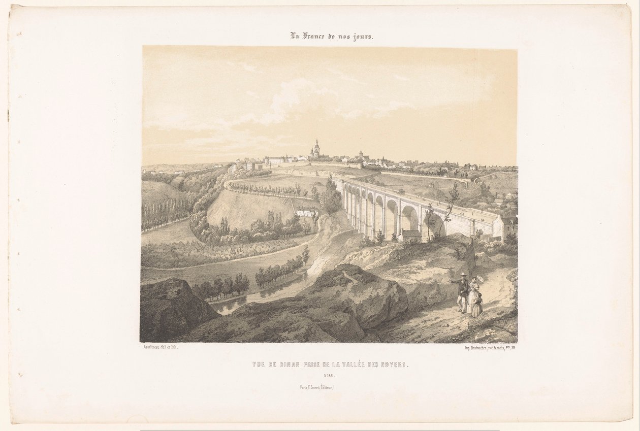 Zicht op Dinan en het viaduct over de rivier de Rance door Leon Auguste Asselineau