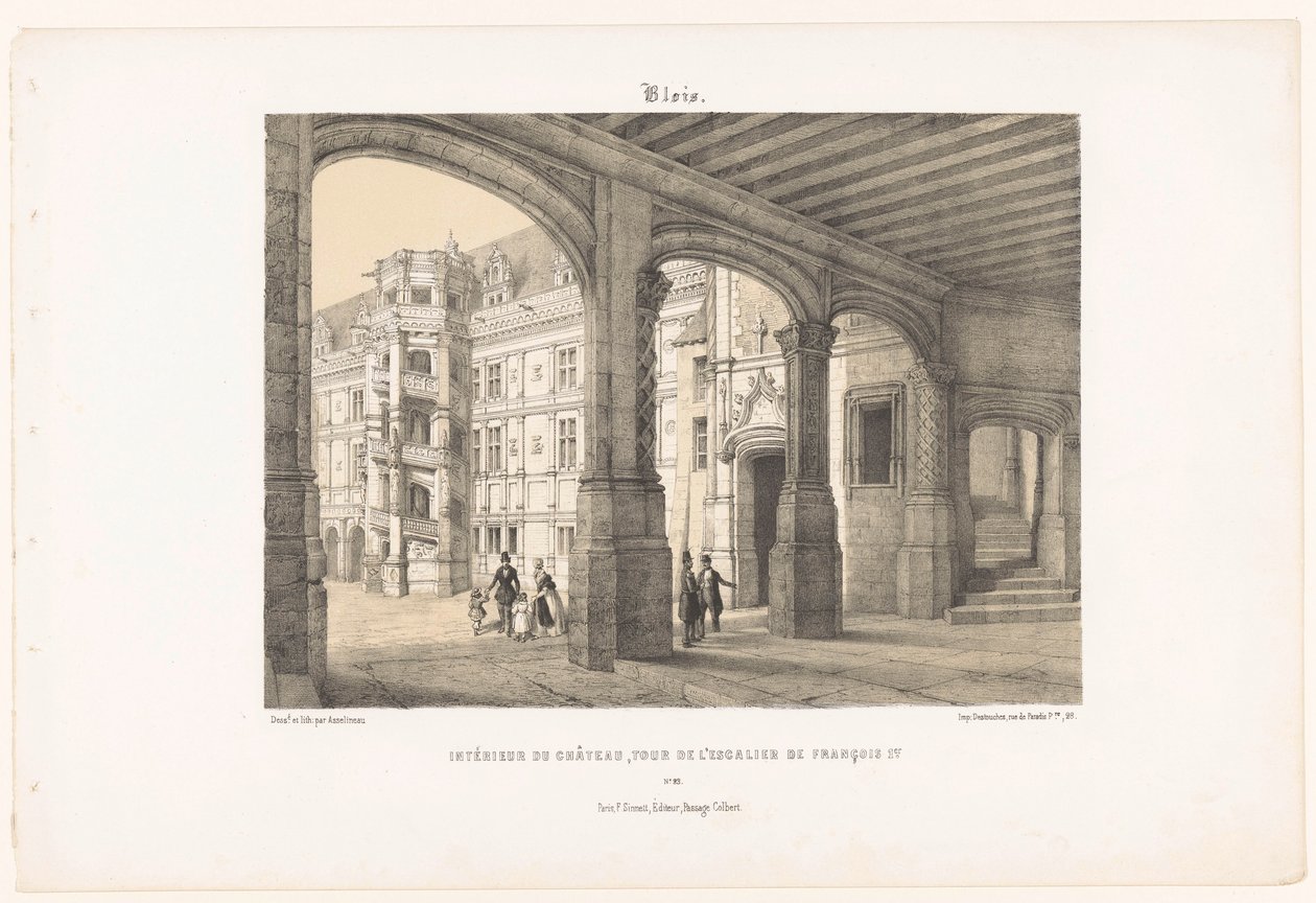 Zicht op het interieur van het kasteel van Blois met de achtkantige traptoren van koning Frans I door Leon Auguste Asselineau