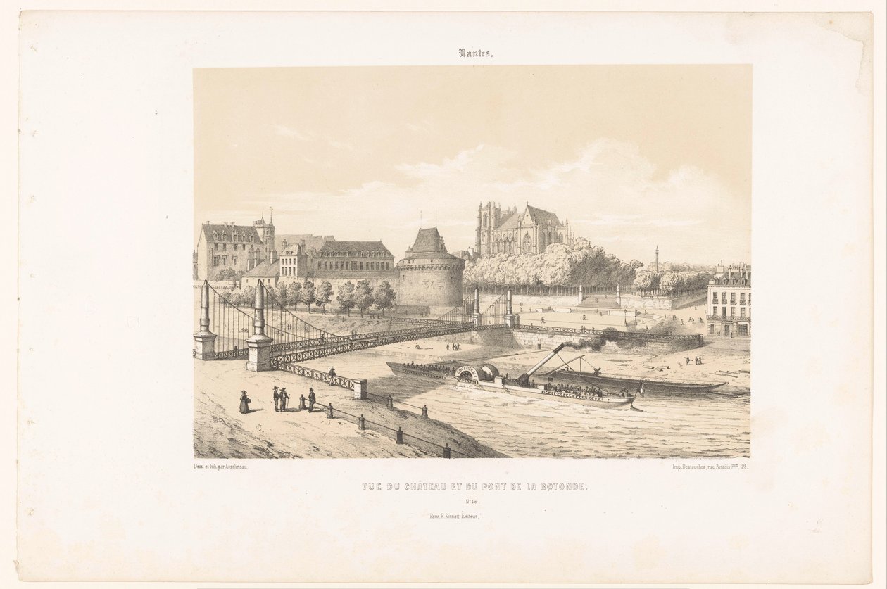 Zicht op het kasteel en de Pont de la Rotonde over de Loire in Nantes door Leon Auguste Asselineau