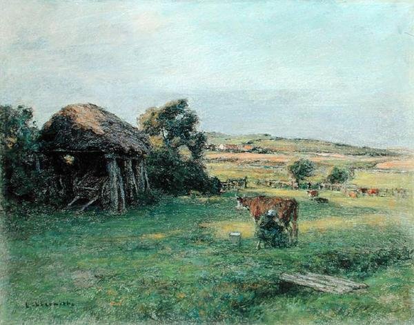 Landschap met een Boerin die een Koe Melkt, midden jaren 1880 door Leon Augustin Lhermitte