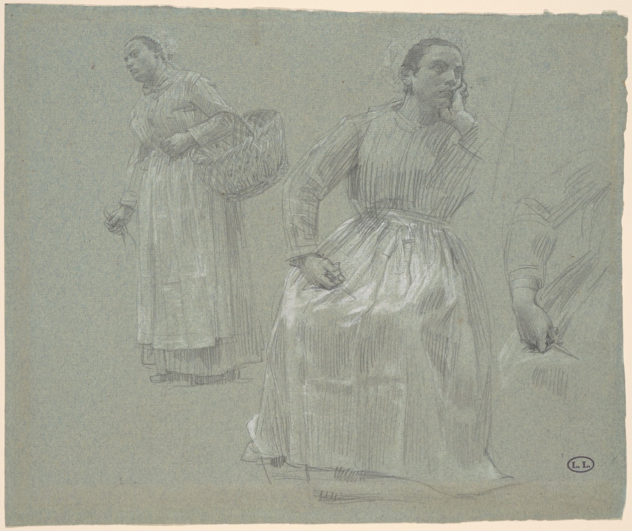 Studie van Twee Vrouwen, Een Zittend en Een met een Mand door Leon Augustin Lhermitte