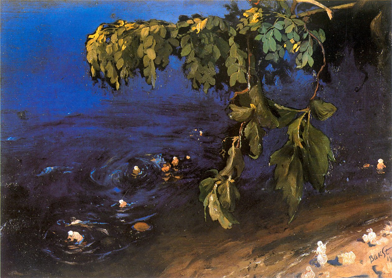 Acaciatak met de zee op de achtergrond (olieverf op karton) door Leon Bakst