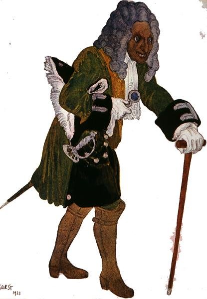 Kostuumontwerp voor Galesson, de prinselijke leraar, uit Doornroosje door Leon Bakst