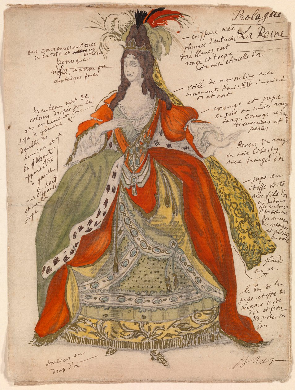 Voorbereidend kostuum van de koningin, voor het ballet Doornroosje van Piotr Tsjaikovski door Leon Bakst