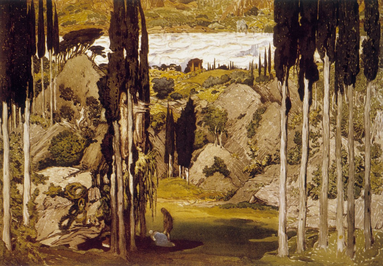 Decor door Léon Bakst, Russische schilder en decorateur, gebaseerd op een originele aquarel, voor het ballet "Daphnis et Chloé" van Maurice Ravel door Leon Bakst
