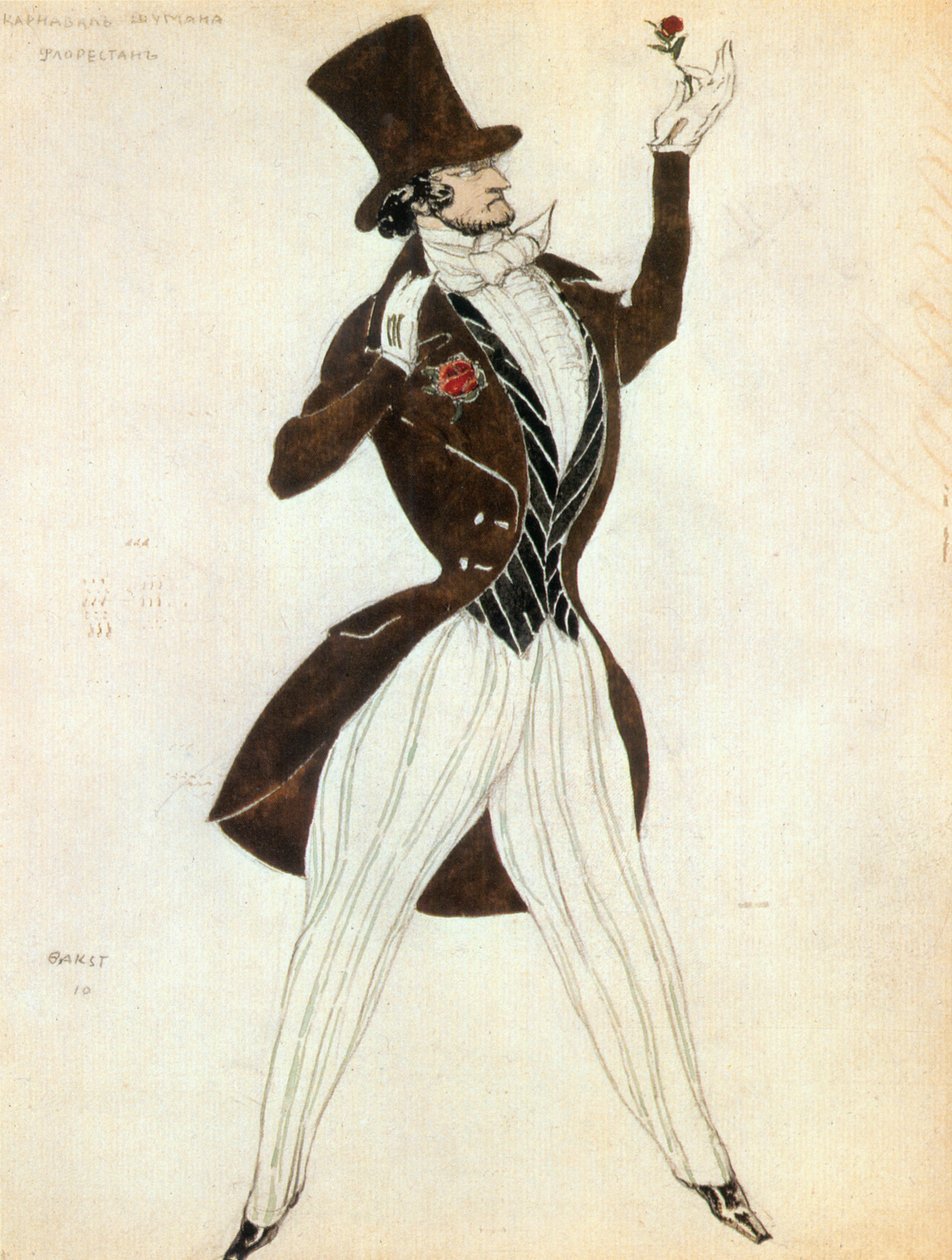 Florestan, kostuumschets voor het ballet Carnaval (aquarel) door Leon Bakst