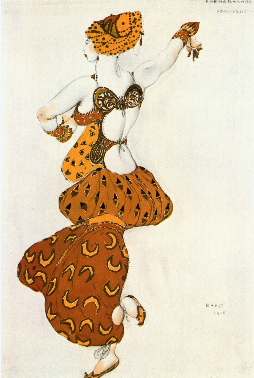 Odalisque, kostuumschets voor het ballet " Sheherezade " (aquarel en goud op papier) door Leon Bakst