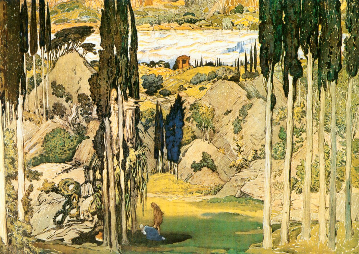 Schets voor het decor van de eerste akte van Maurice Ravels ballet Daphnis en Chloë door Leon Bakst