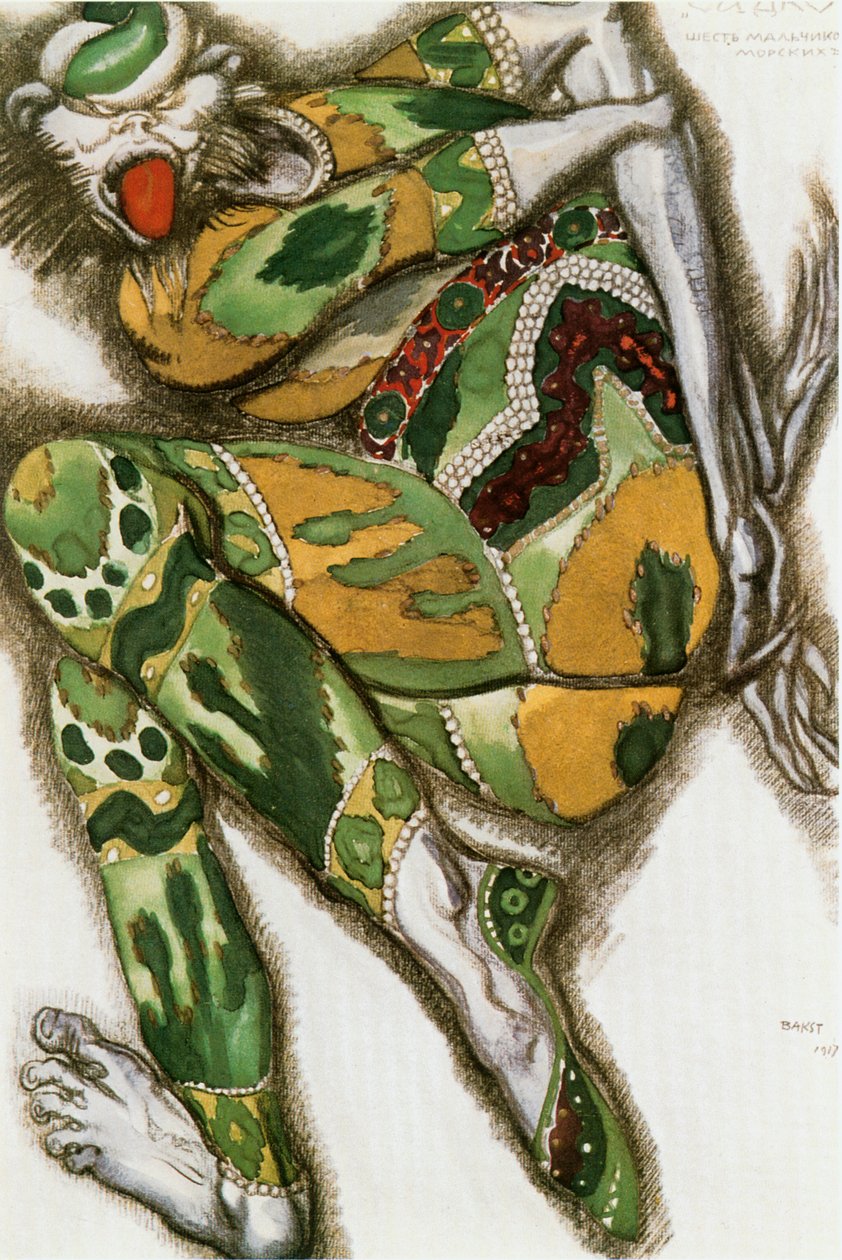 Het groene monster, kostuumschets voor Nicolai Rimski-Korsakovs opera " Sadko " (aquarel, gouache en goud op papier) door Leon Bakst