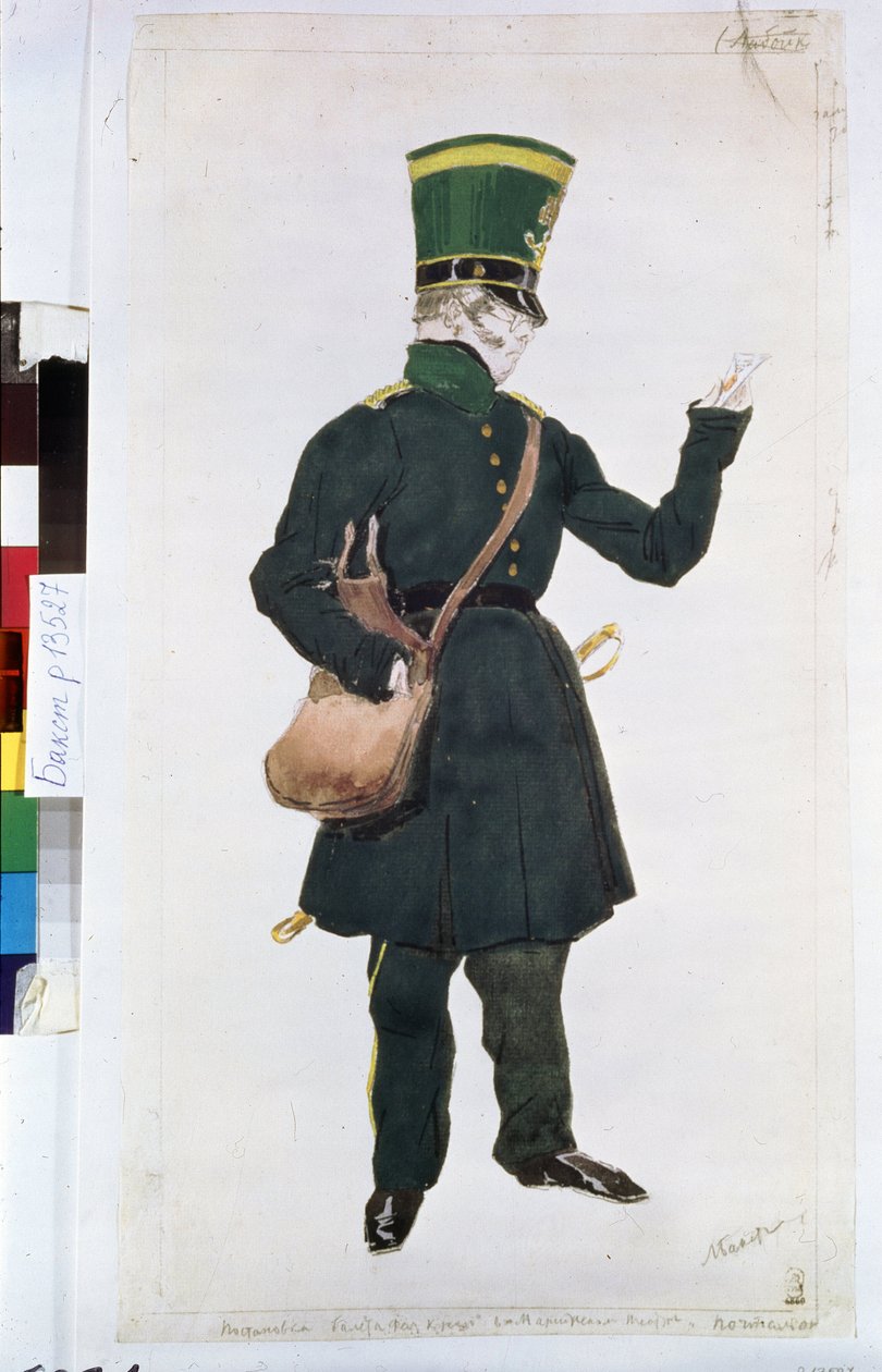 Het postkostuum voor het ballet "La fee des poupees" geregisseerd door Joseph Bayer (1852-1913) door Leon Bakst