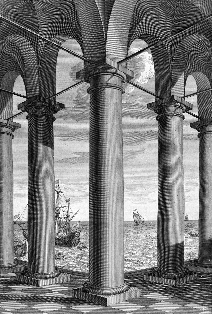 Over architectuur, een maritiem landschap verschijnt achter een gebouw ondersteund door arcades: een bord uit 