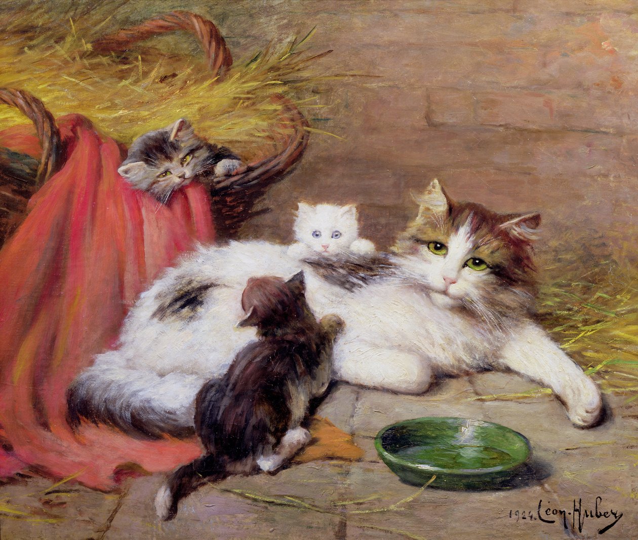 Kat met Kittens, 1924 door Leon Charles Huber