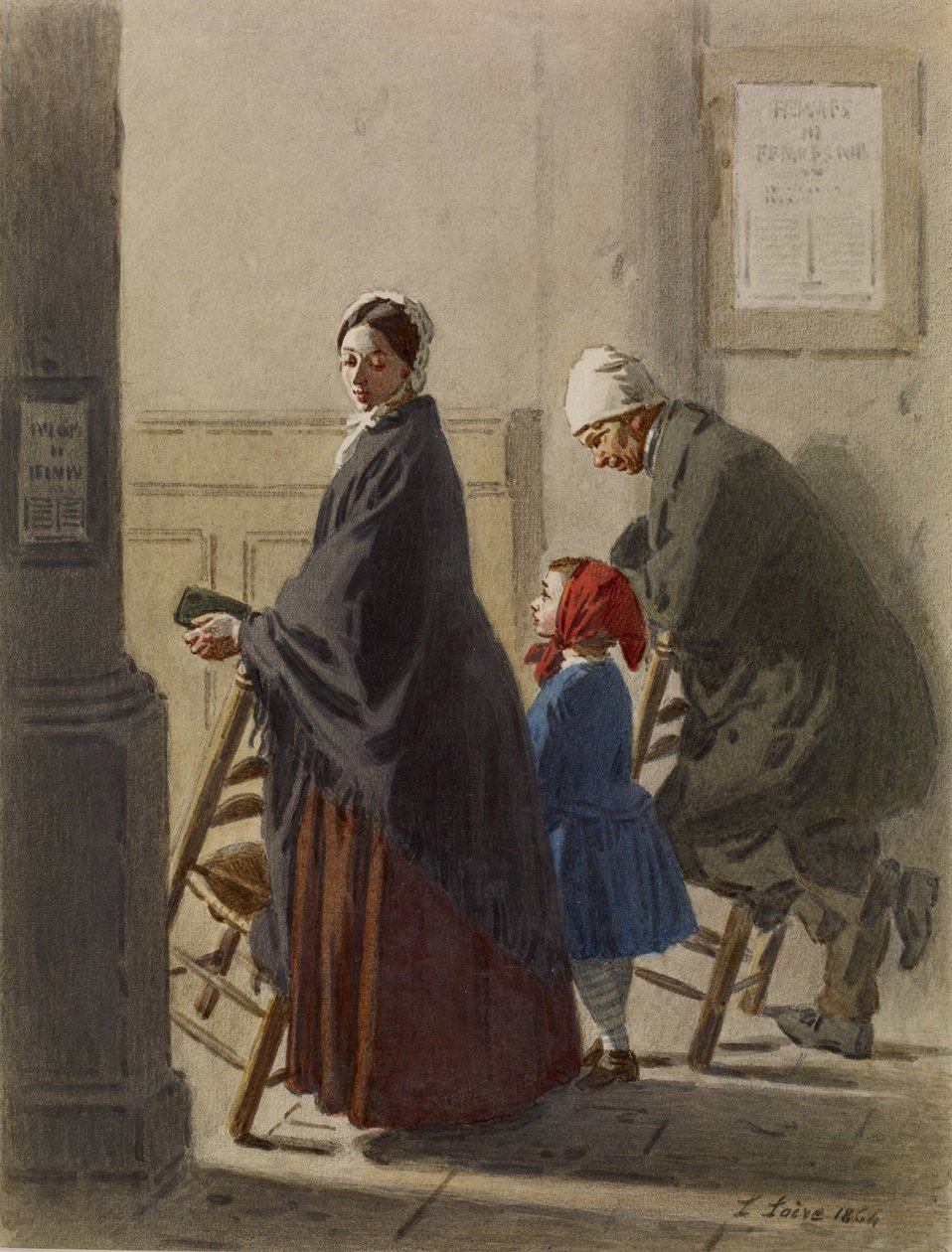 Man, vrouw en meisje in gebed in de kerk, 1864 door Leon Henri Antoine Loire