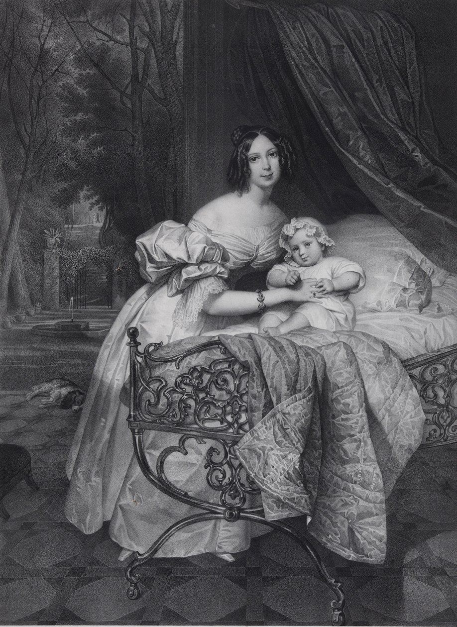 Portret van Maria Irineevna Buteneva, geboren Chreptowicz 1811-1890 met dochter Maria 1835-1905 door Leon Noel